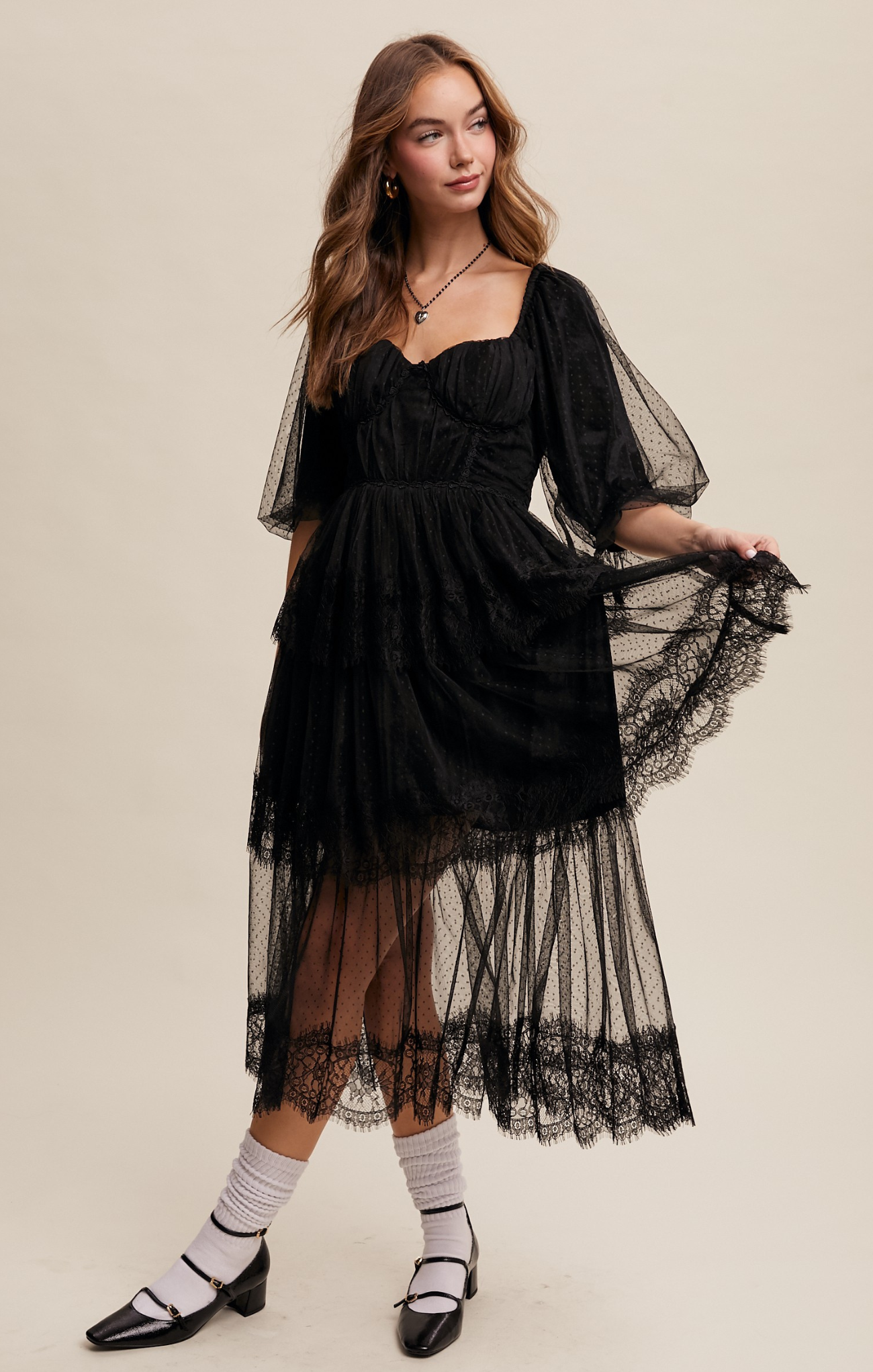 Shop At Grace, Luna Lace Dress, black, long sleeves, puff sleeve, lace detail