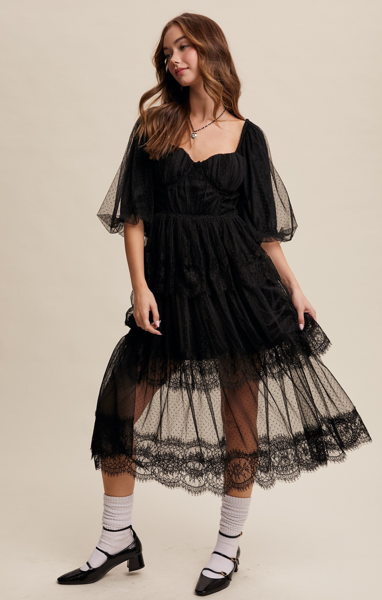 Shop At Grace, Luna Lace Dress, black, long sleeves, puff sleeve, lace detail