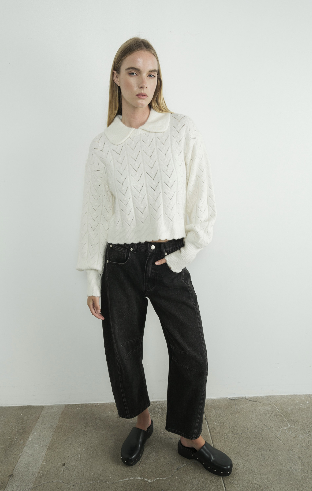 Shop At Grace, Marcie Pointelle Sweater, cream, collared top, long sleeves, cuffed wrists, lettuce hem