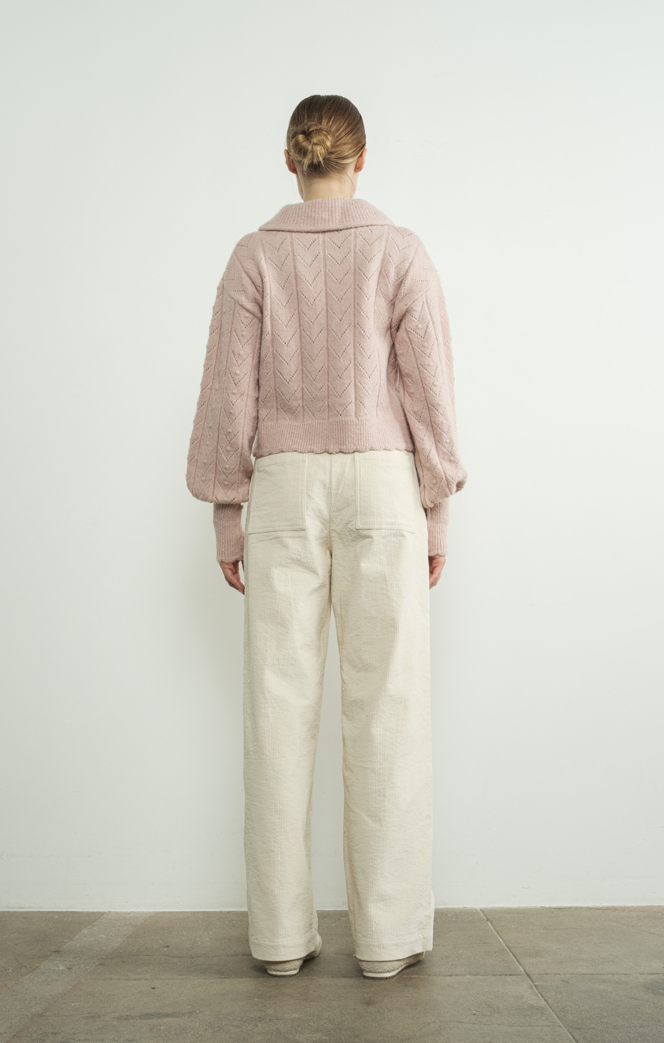 Shop At Grace, Marcie Pointelle Sweater, dusty pink, collared top, long sleeves, cuffed wrists, lettuce hem