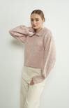 Shop At Grace, Marcie Pointelle Sweater, dusty pink, collared top, long sleeves, cuffed wrists, lettuce hem