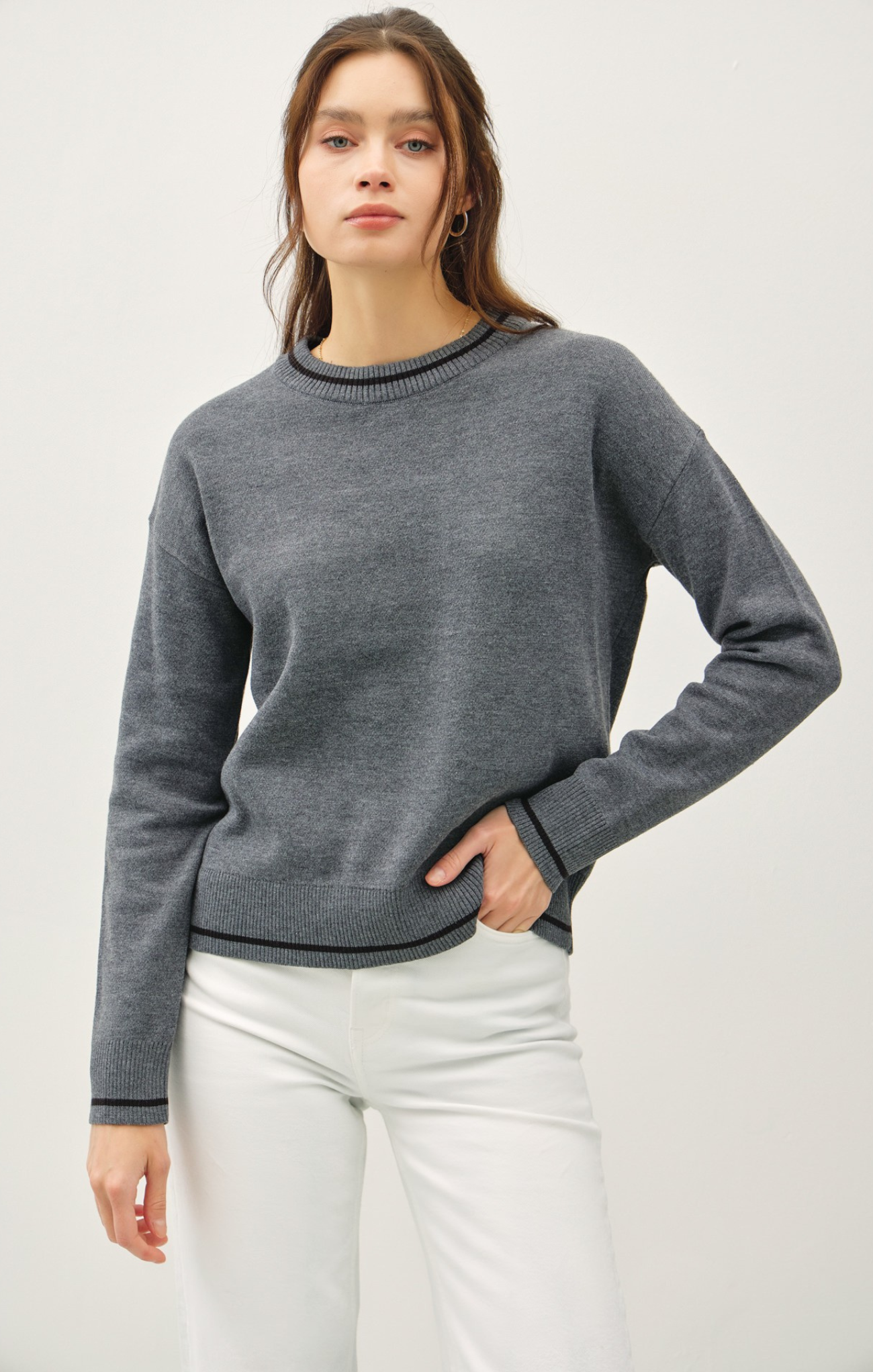 Shop At Grace, Old School Sweater, charcoal, round neck, long sleeves, neckline detail