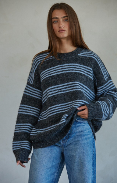 Shop At Grace, Raleigh Pullover, charcoal blue, long sleeves, round neck, oversized