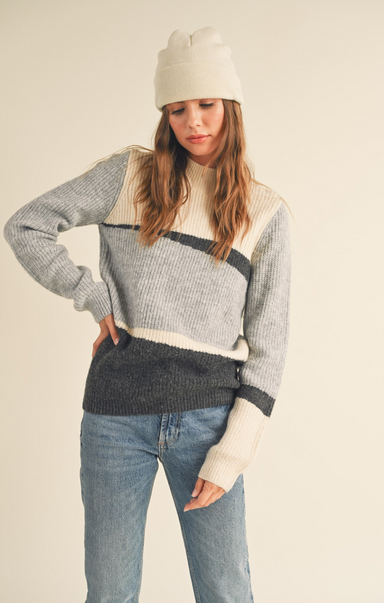 Shop At Grace, Scottie Colorblock Sweater, grey combo, longs sleeves, striped detail, mock neck