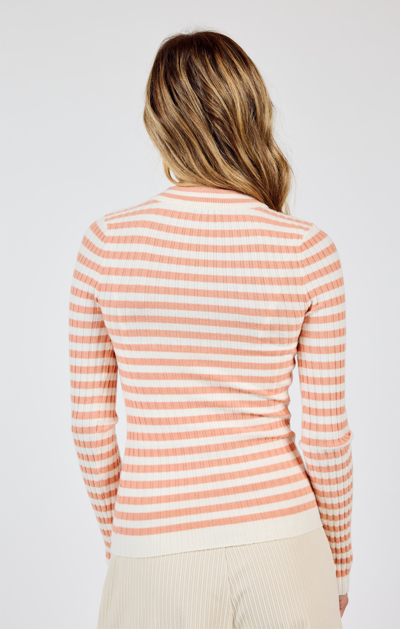 Shop At Grace, Simply Being Striped Sweater, coral and ivory, mock neck, long sleeves