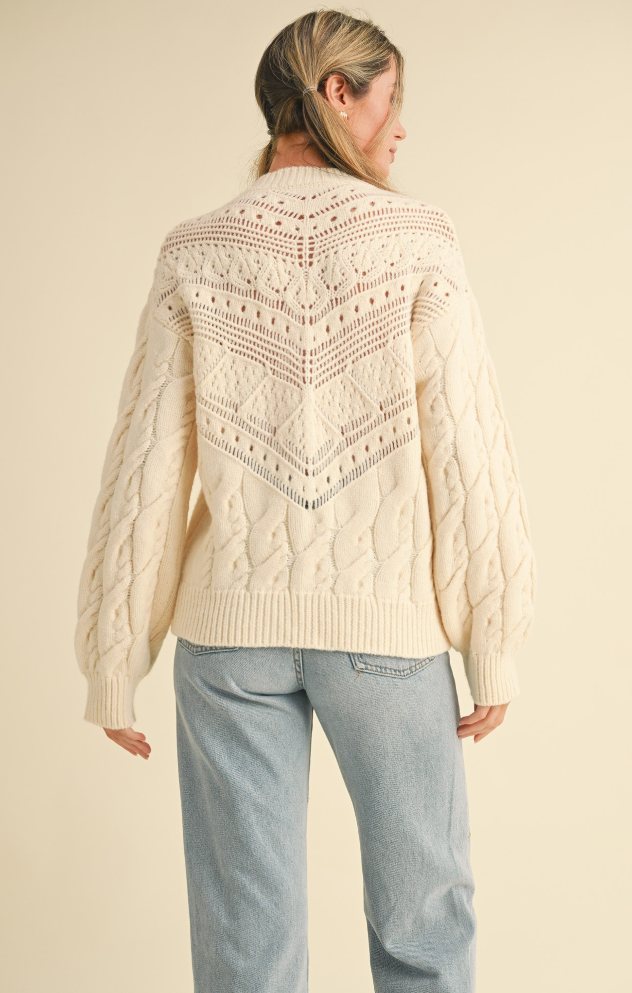 Shop At Grace, Sweetest Kiss Sweater, cream, long sleeves, embroidered detail, cable knit detail