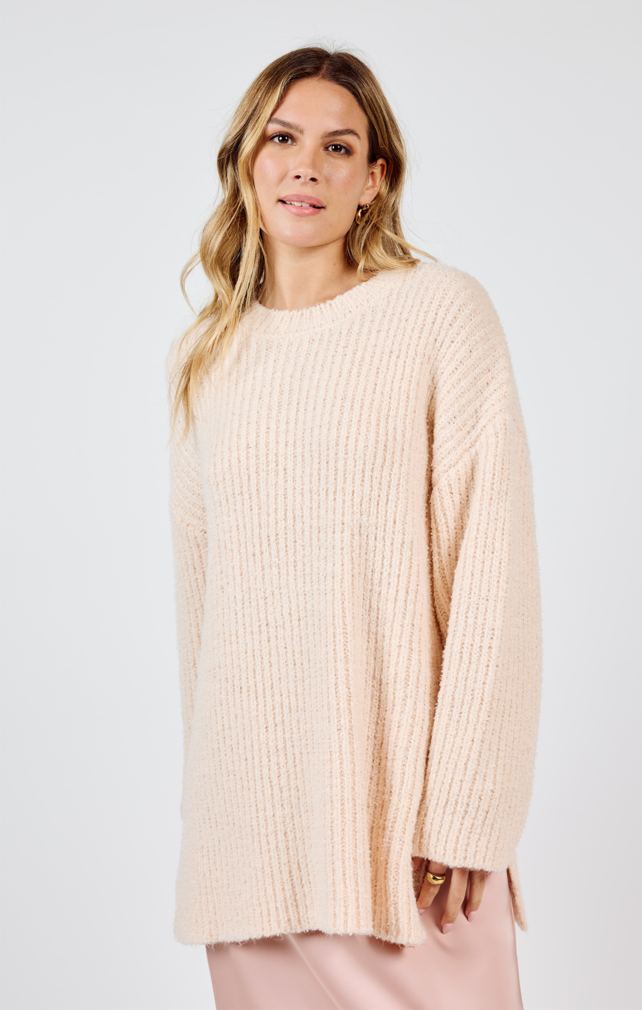 Shop At Grace Your Needs Ribbed Knit Sweater, cream, long sleeves, round neck