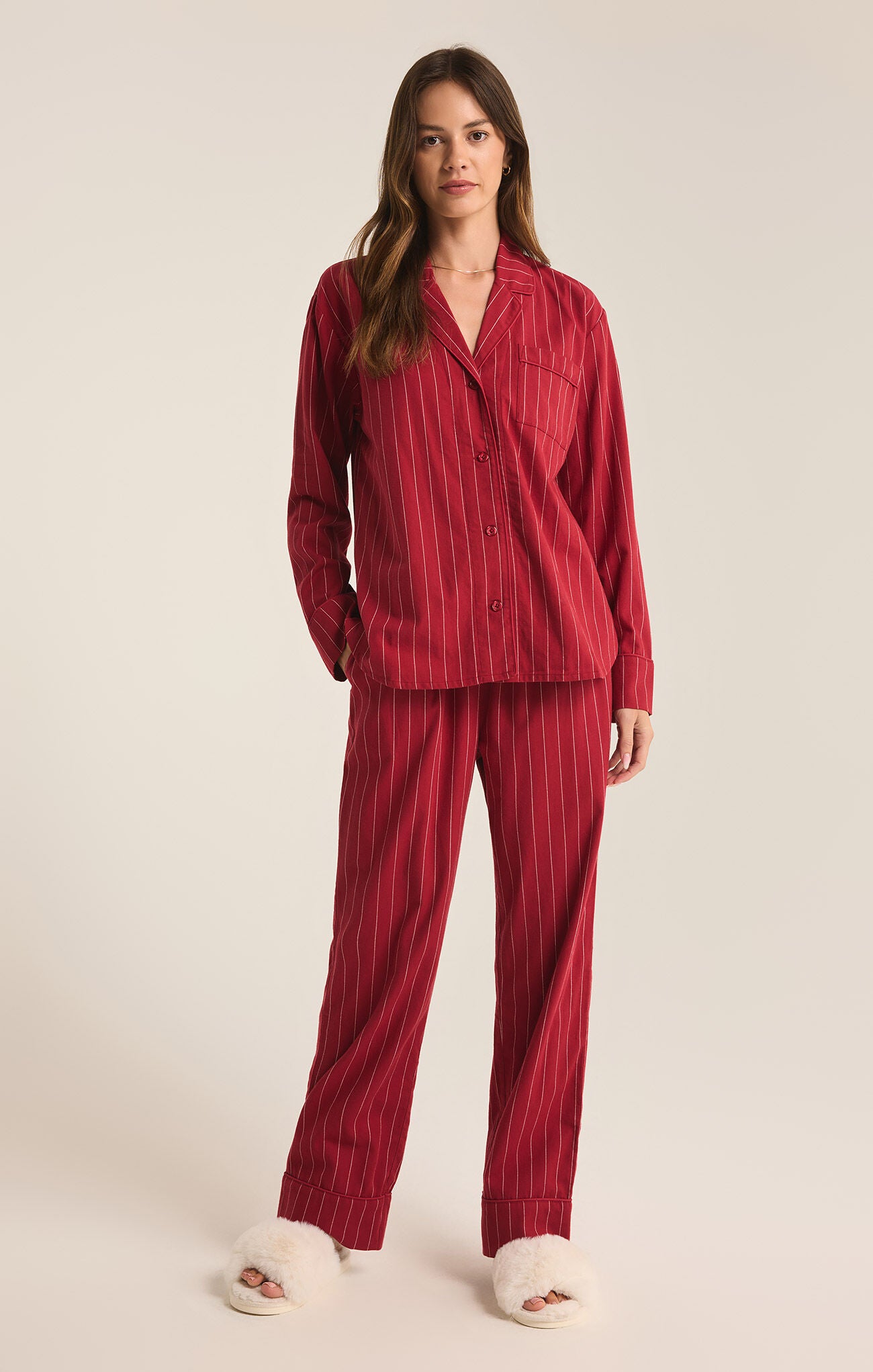 Shop At Grace, Z-Supply, Dreamer Stripe Flannel Set, red dahlia, stripe pattern, pajama set, button up and drawstring waist