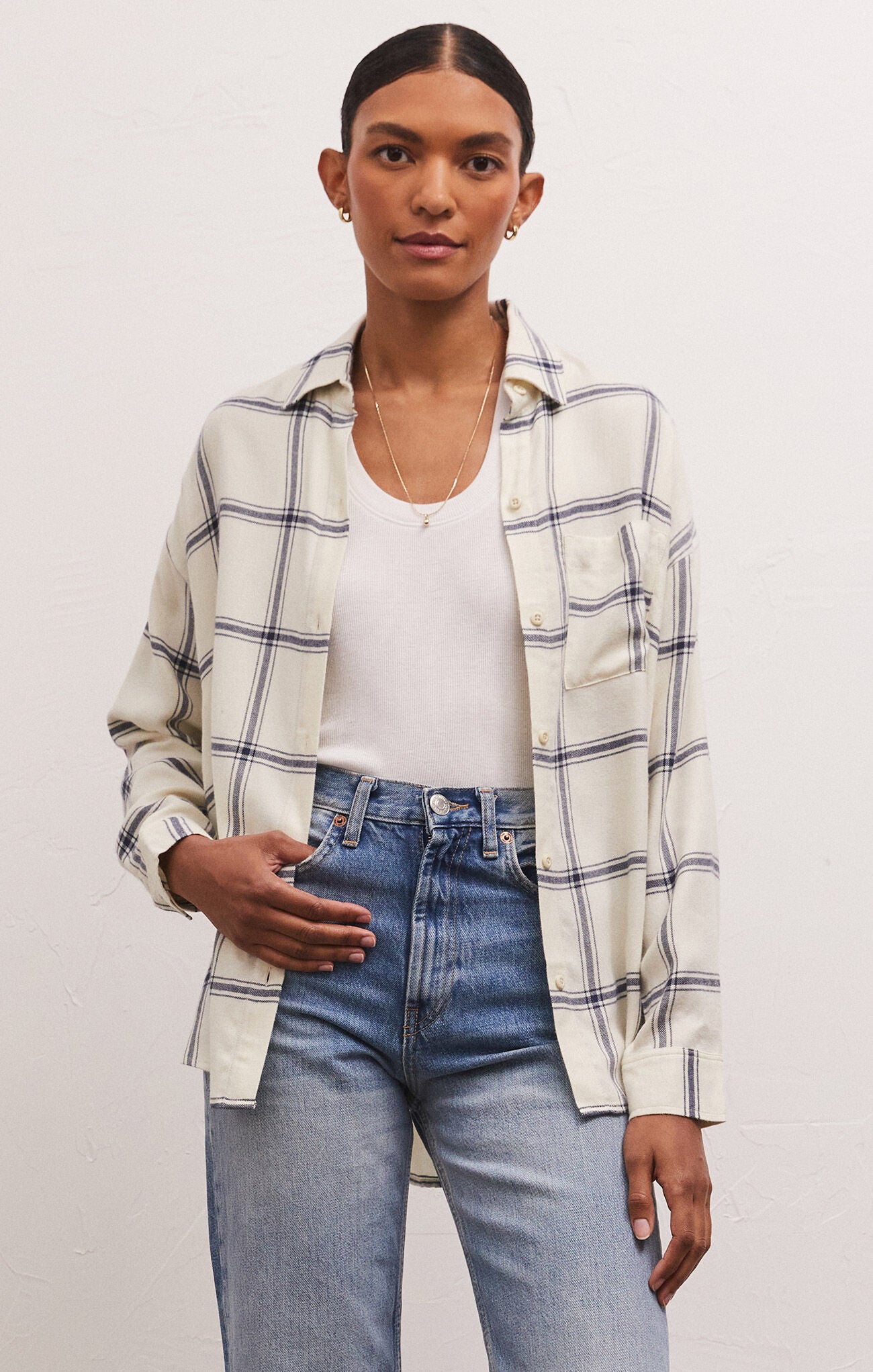 River Plaid Button Up - PLaid button down, long sleeve, White and Blue