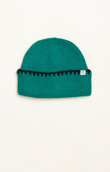 Addison Scalloped Hat, green, black embroidery, cuffed beanie, winter beanie, winter hat