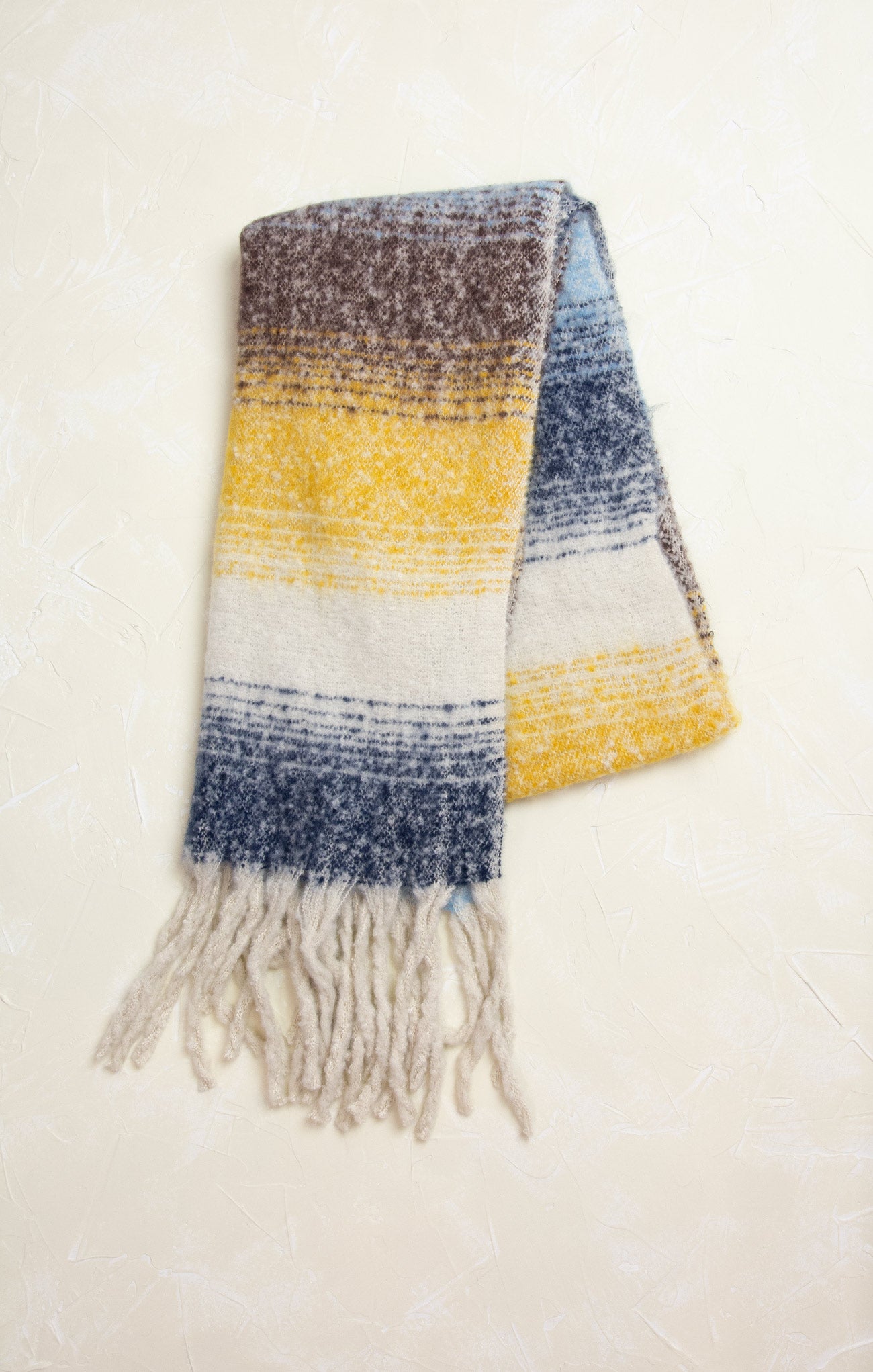 Adeline Fading Color Block Scarf, yellow splash, fringe ends, striped detail