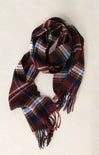 Amelia Navy Brown Wool Scarf, fringe ends, plaid, flat lay