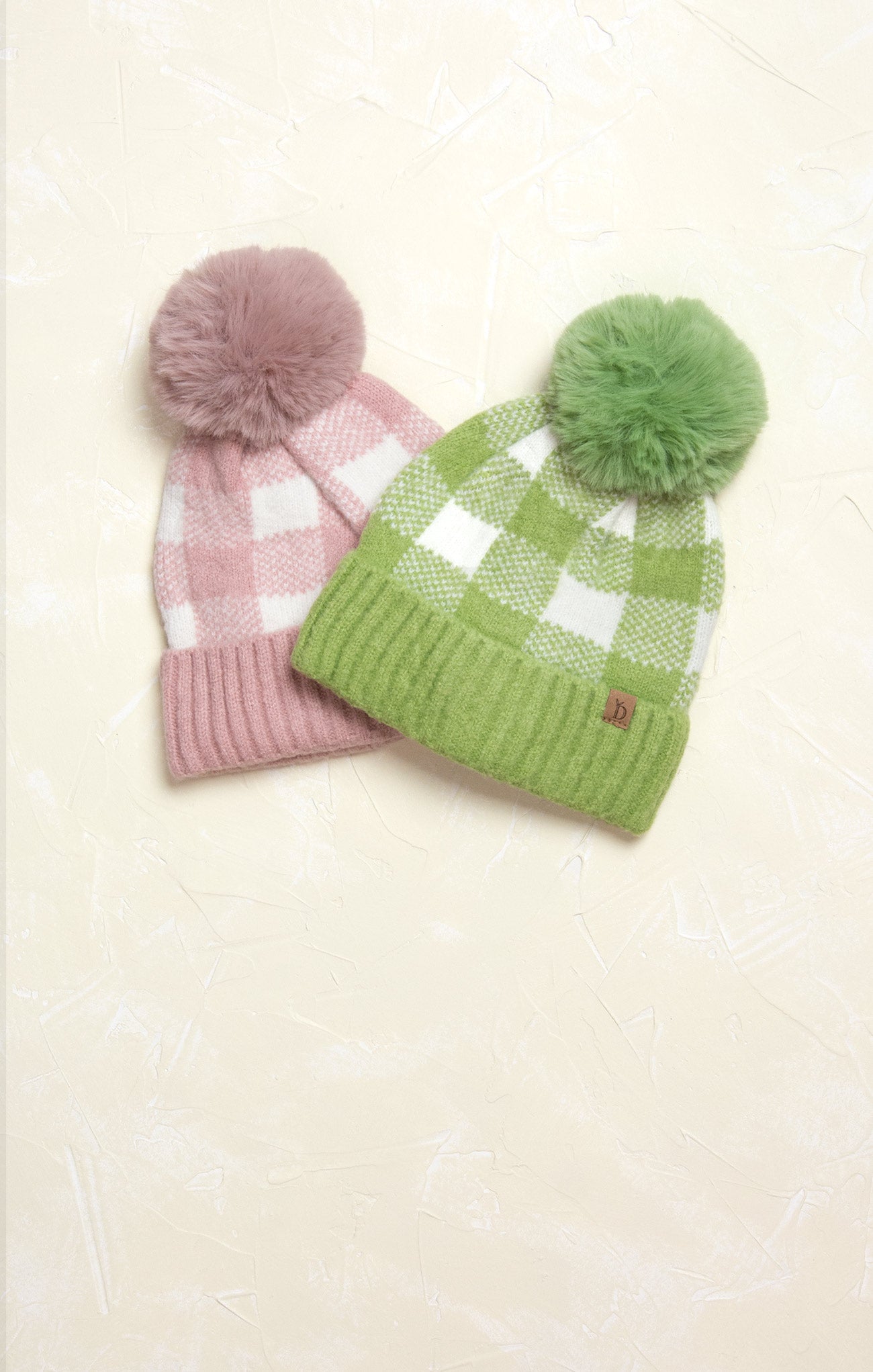 Buffalo Check Beanie, green and pink, pom pom, cuffed rim