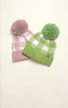 Buffalo Check Beanie, green and pink, pom pom, cuffed rim