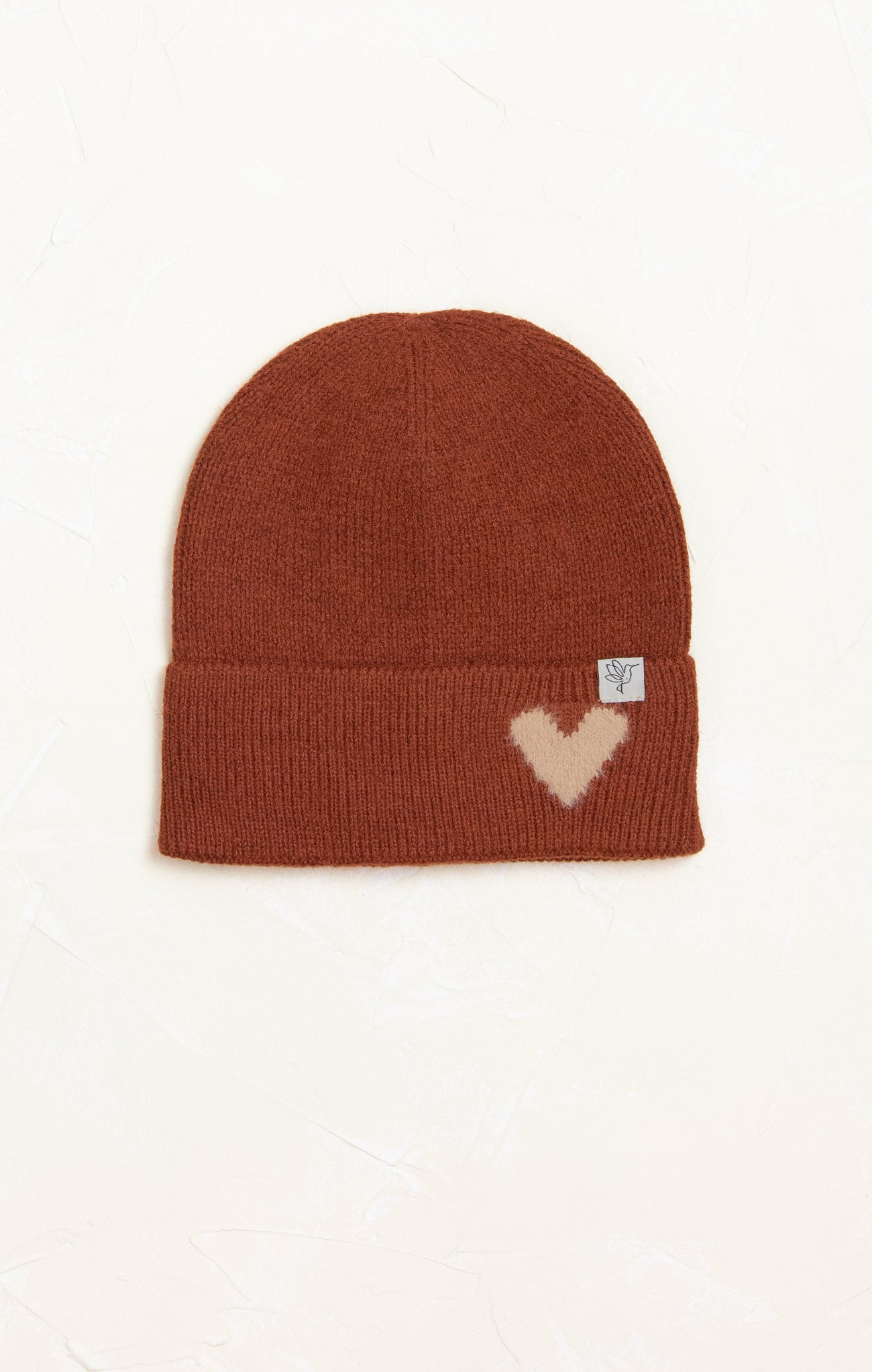 Camilla Cozy Heart Winter Beanie, cover photo, cocoa, heart detail, cuffed rim