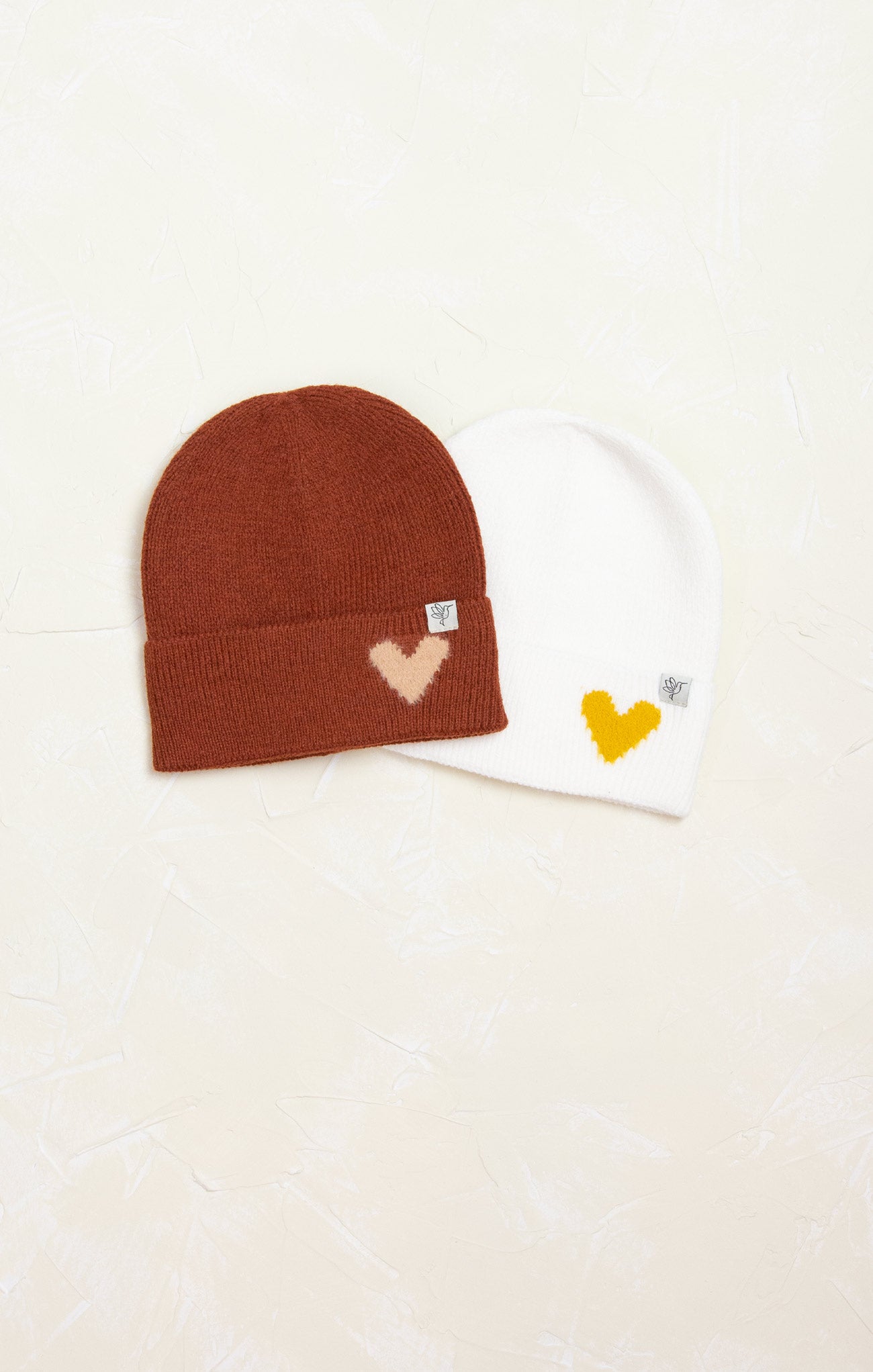 Camilla Cozy Heart Winter Beanie, cover photo, cocoa and ivory, heart detail, cuffed rim