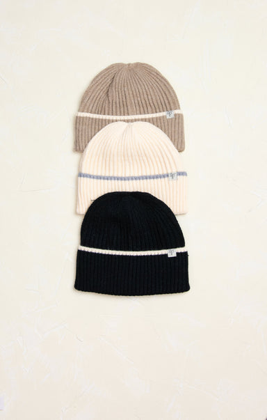 Charlotte Snowy Stripe Beanie Winter Hat, cover photo, stripe detail, 3 variants