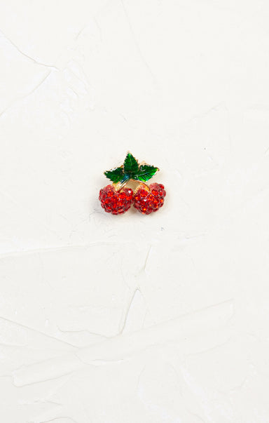 Cherry Brooch, red and green, rhinestone