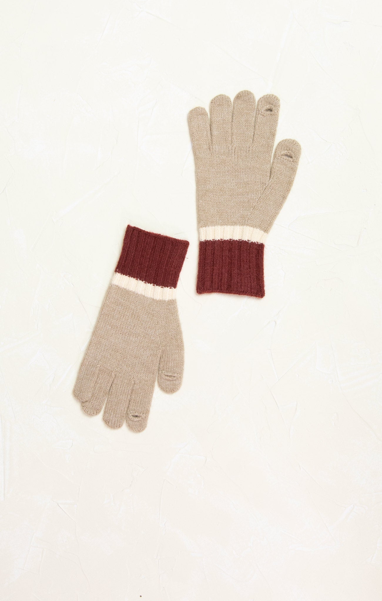 Colorblock Long Knit Gloves, beige, cream stripe, maroon cuffs, gloves, mittens