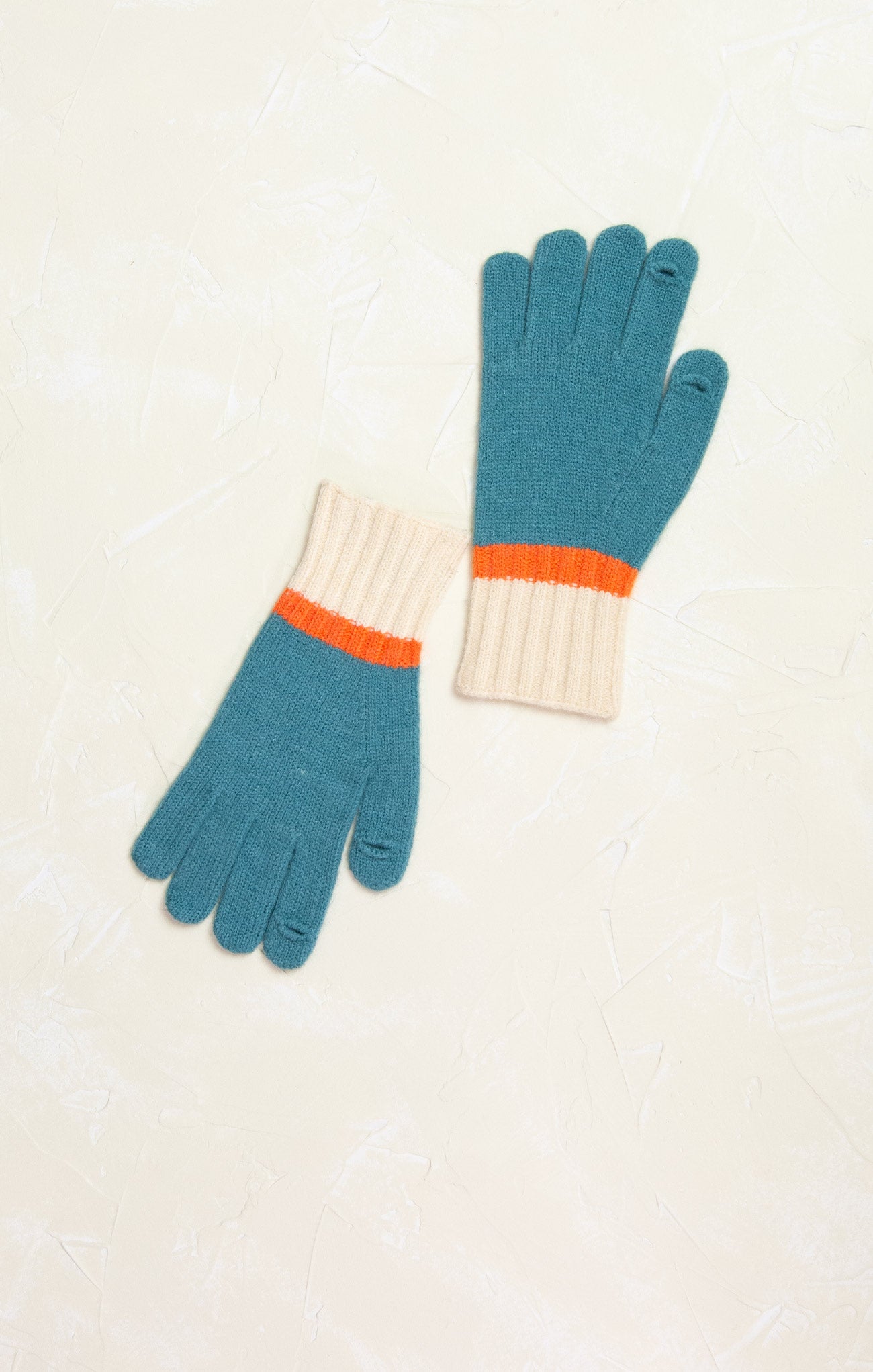 Colorblock Long Knit Gloves, turquoise, orange stripe, cream cuffs, gloves, mittens