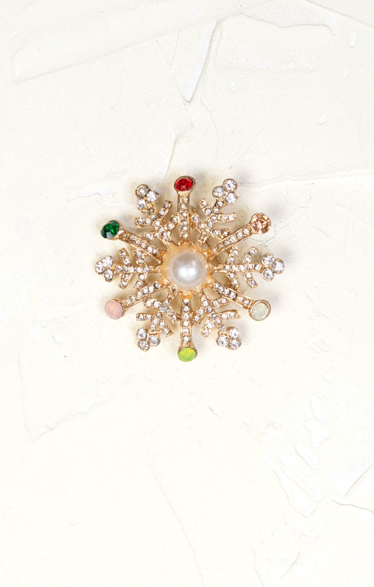 Colorful Snowflake Brooch, multi color, gold and rhinestone 