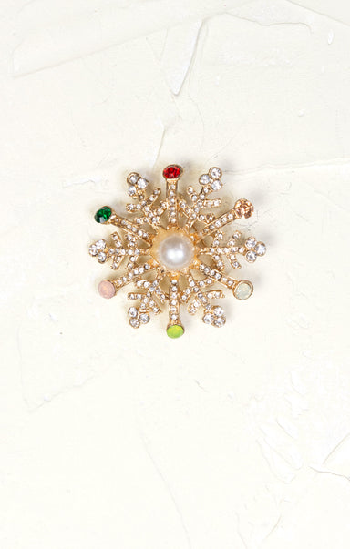 Colorful Snowflake Brooch, multi color, gold and rhinestone 