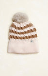 Ella Winter Lodge Beanie, brown and ivory stripe detail, cuffed rim, pom pom, flat lay