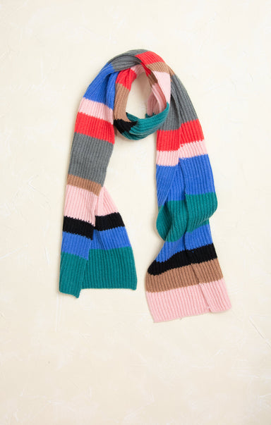 Emma Color Block Scarf, green, pink, red, brown, teal, striped, flat lay