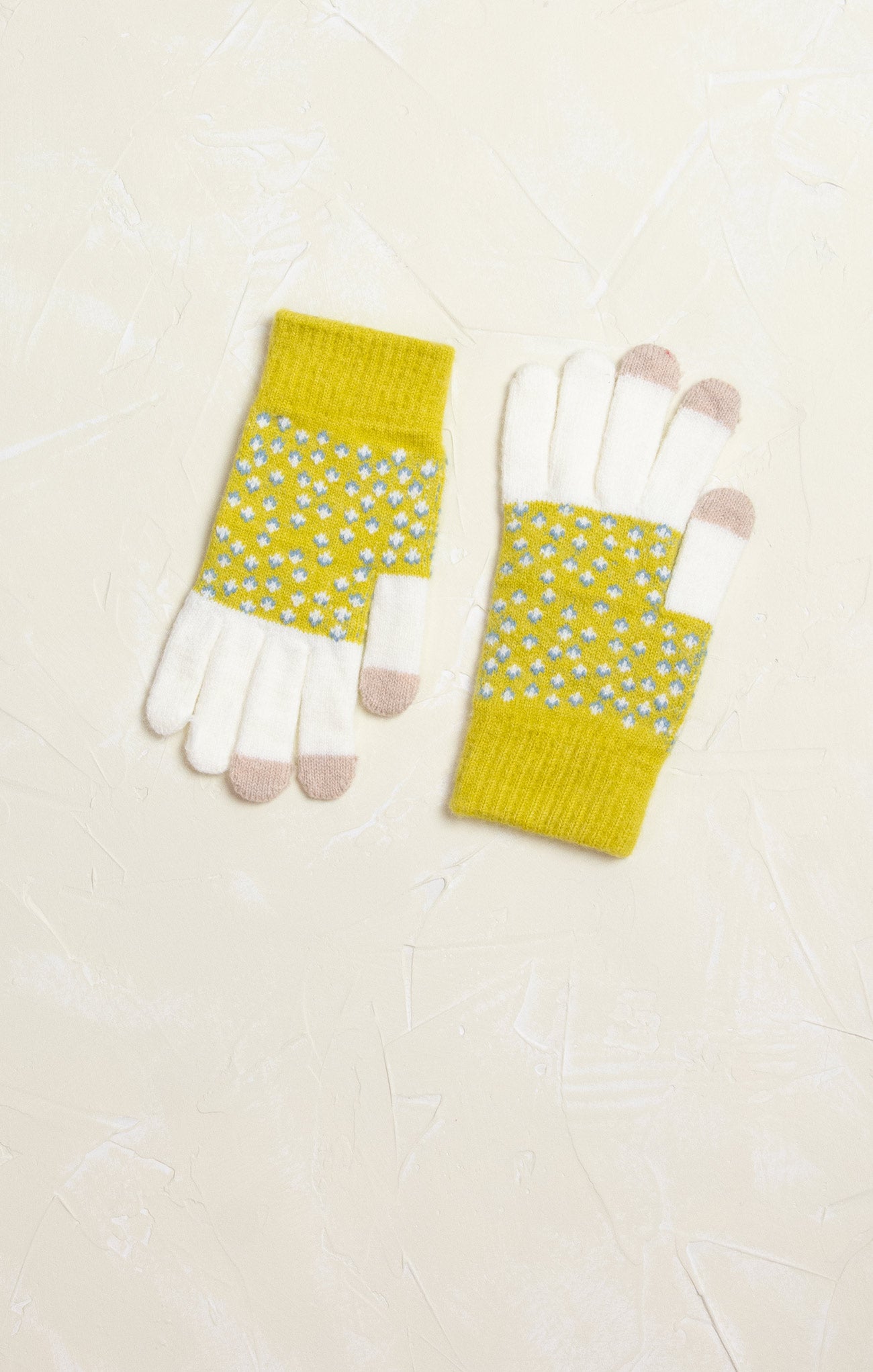 Flower Pattern Knit Gloves, yellow, floral pattern, finger tip detail, mittens