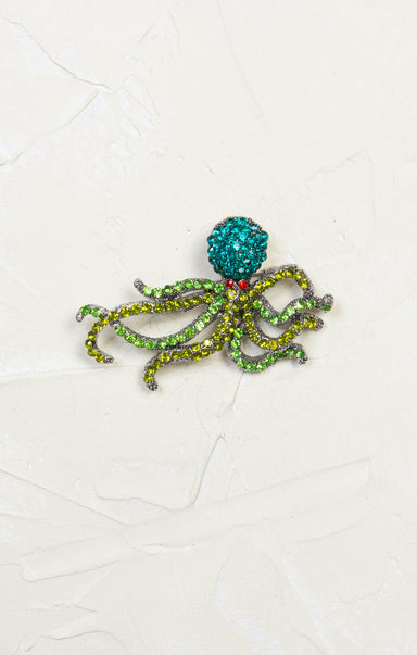 Glitz Octopus Brooch, rhinestone, green, blue, and yellow