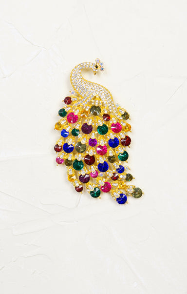 Glitz Peacock Brooch, multi color rhinestone, gold hardware