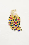 Glitz Peacock Brooch, multi color rhinestone, gold hardware