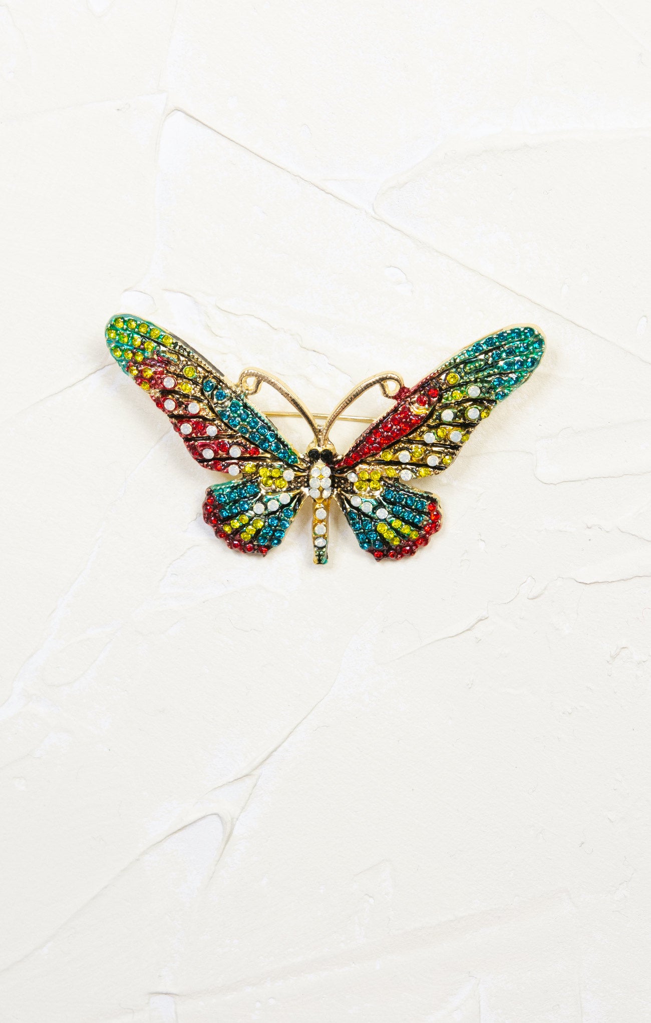 Glitz Rainbow Butterfly Brooch, rainbow glitz, pin, gold hardware