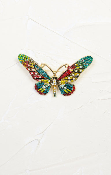 Glitz Rainbow Butterfly Brooch, rainbow glitz, pin, gold hardware