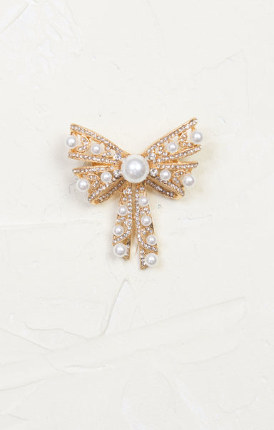 Gold & Pearl Glitz Brooch, classic bow shape, pearl and rhinestone