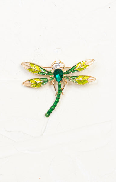 Green Dragonfly Brooch, green and yellow, gold hardware