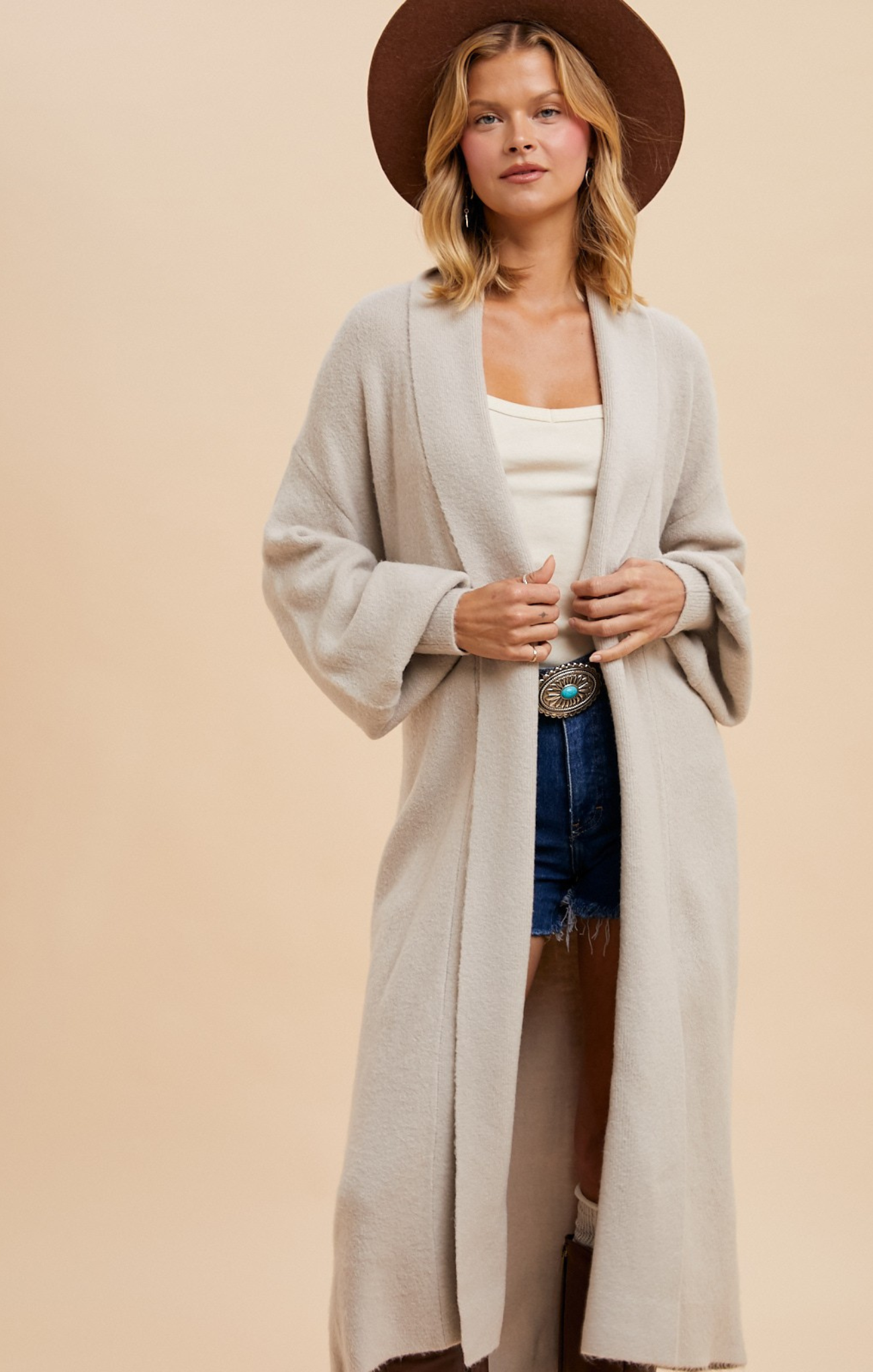 Shop At Grace, Gwen Shawl Cardigan, dove, belted, collared, long cardigan, cuffed wrists