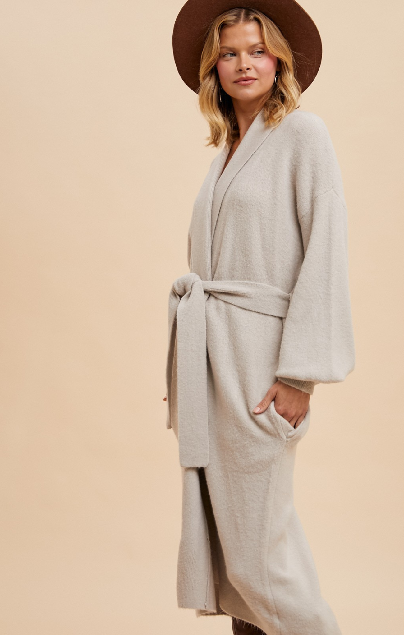 Shop At Grace, Gwen Shawl Cardigan, dove, belted, collared, long cardigan, cuffed wrists