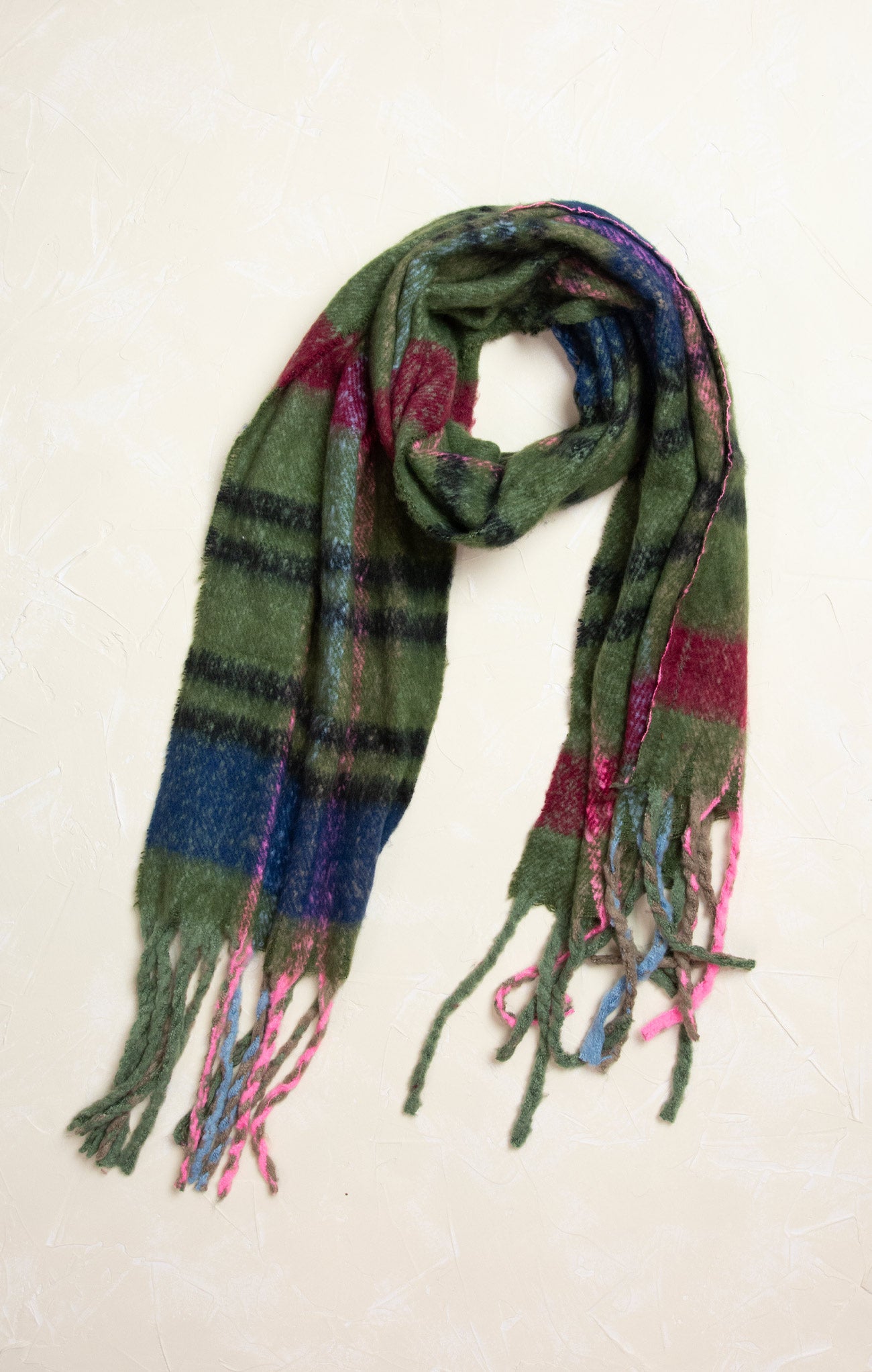 Harper Chunky Plaid Oversized Scarf, plaid pattern, green, fringe ends, oblong scarf