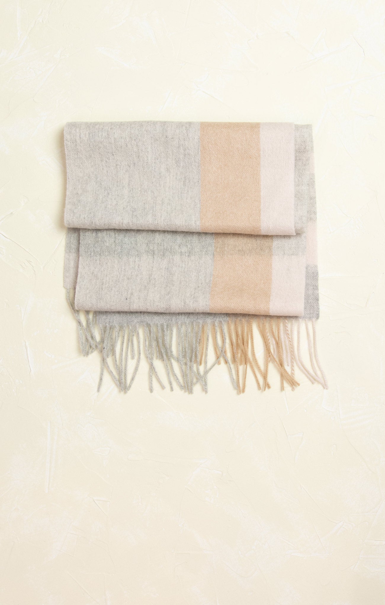 Neutral Stripe Wool Scarf, fringe ends, striped, folded