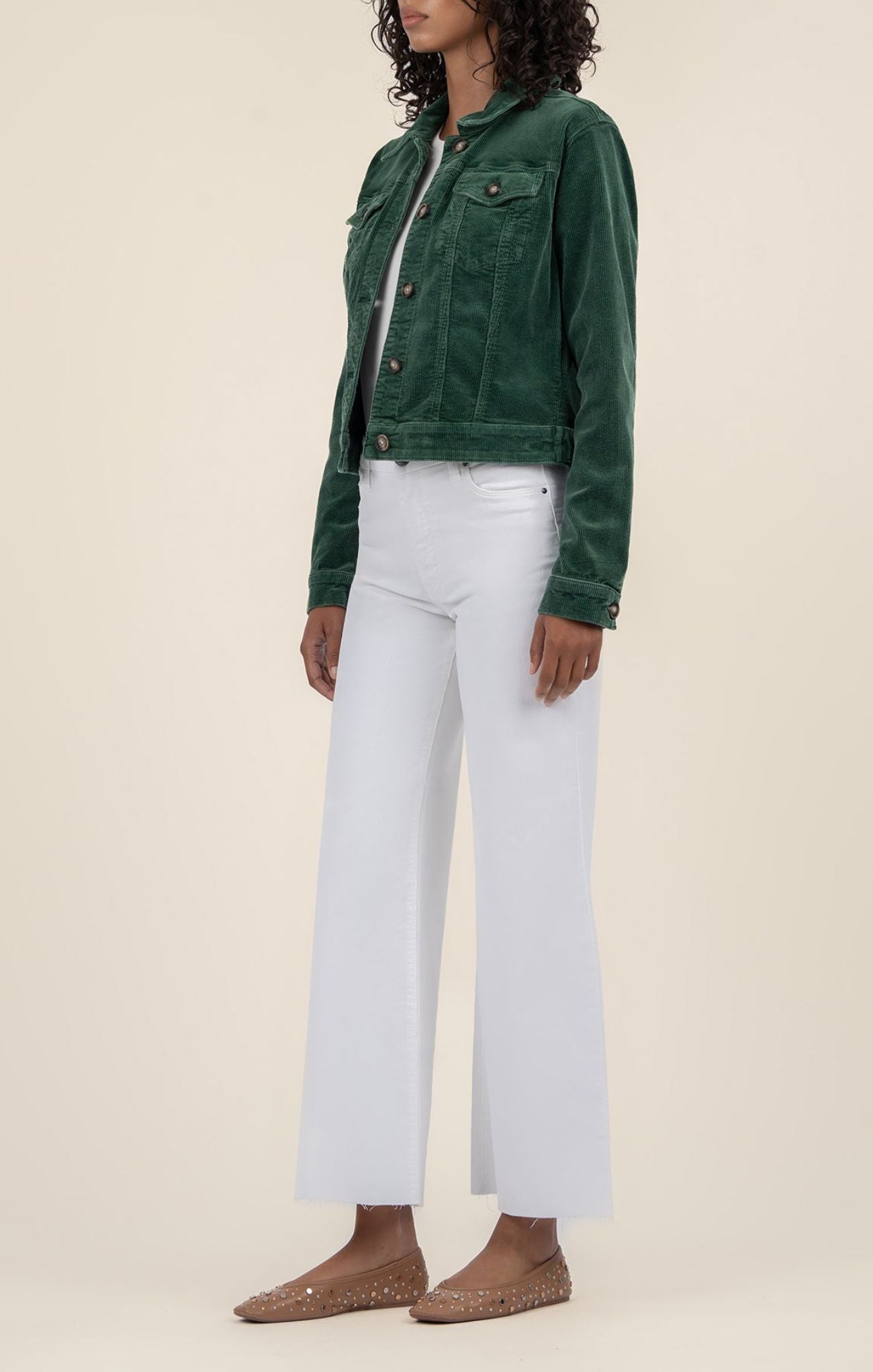 KUT Julie Crop Jacket, color green, cropped corduroy jacket, collared, side