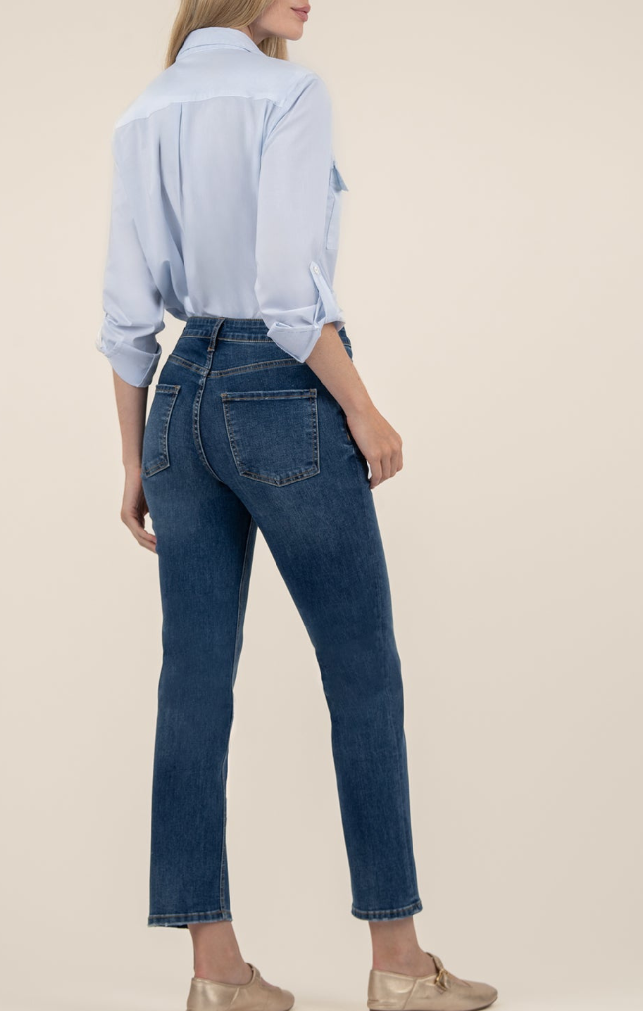 Shop At Grace, KUT, Elizabeth High Rise Straight Leg, dainty w/ dark base wash, medium wash, slim cut jeans