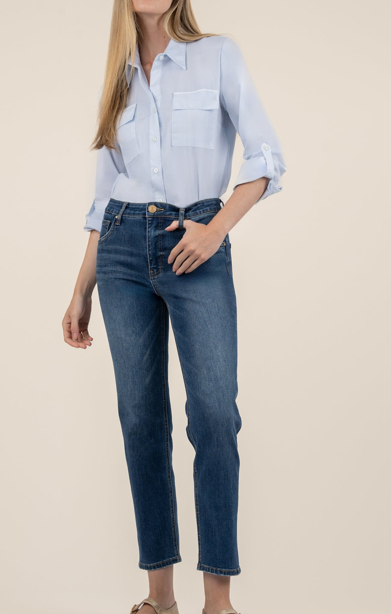 Shop At Grace, KUT, Elizabeth High Rise Straight Leg, dainty w/ dark base wash, medium wash, slim cut jeans