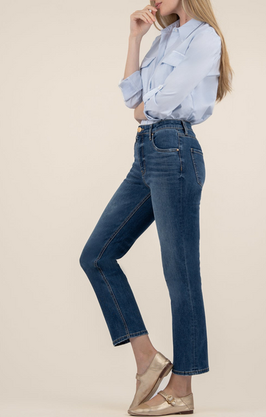 Shop At Grace, KUT, Elizabeth High Rise Straight Leg, dainty w/ dark base wash, medium wash, slim cut jeans