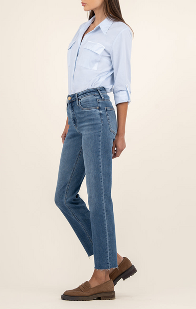 Shop At Grace KUT, Rachael High Rise Mom Jean, exalted w/ med base wash, high waist, tapered legs