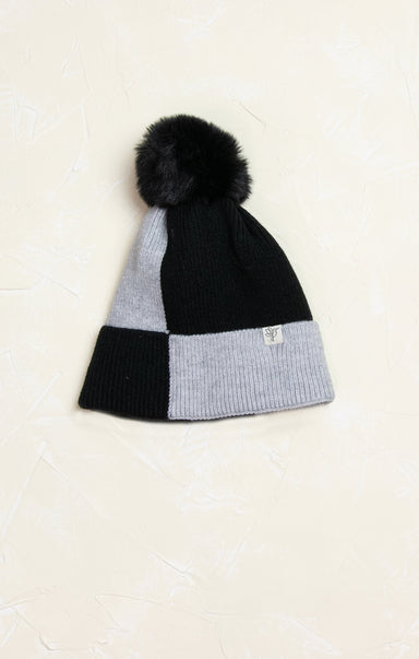 Leah Color Block Winter Beanie, ivory and ecru, black and grey, Pom Pom, winter beanie, winter hat, color block patter