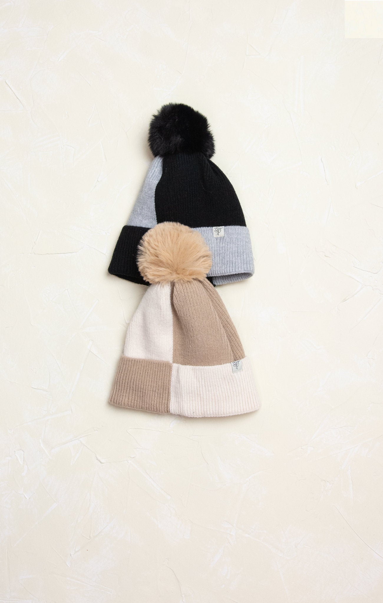 Leah Color Block Winter Beanie, ivory and ecru, black and grey, Pom Pom, winter beanie, winter hat, color block patter