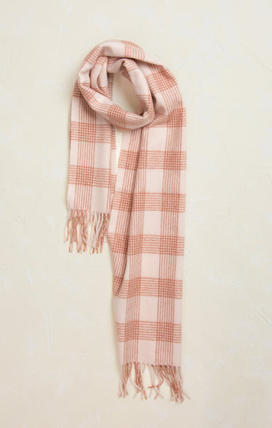 Madeline Pink Tartan Plaid Wool Scarf, pink and cream, plaid pattern, fringe ends, flat lay