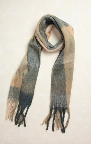 Madison Checker Plaid Scarf, grey and beige,  fringe ends, plaid pattern