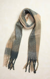 Madison Checker Plaid Scarf, grey and beige,  fringe ends, plaid pattern